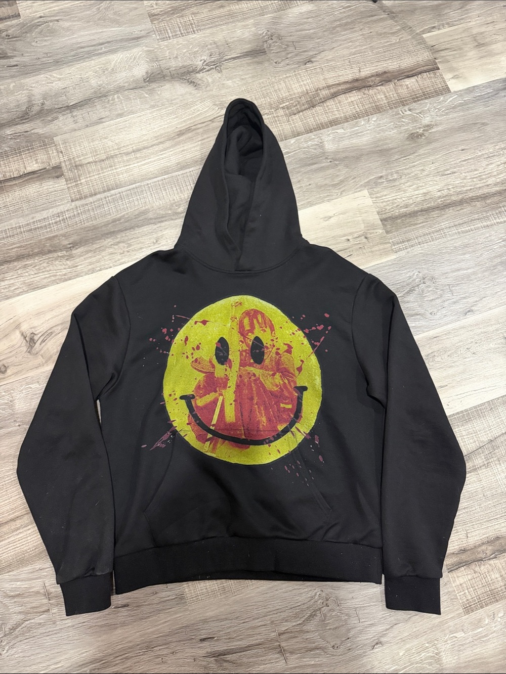 Black Crewneck Hoodie with Yellow Smiley Graphic